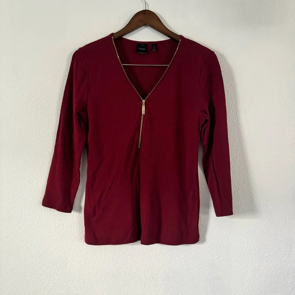 Rafaella Wine Red Cotton Zipper Top Size Medium Retro Sexy Flirty Zip Neckline - Picture 10 of 13